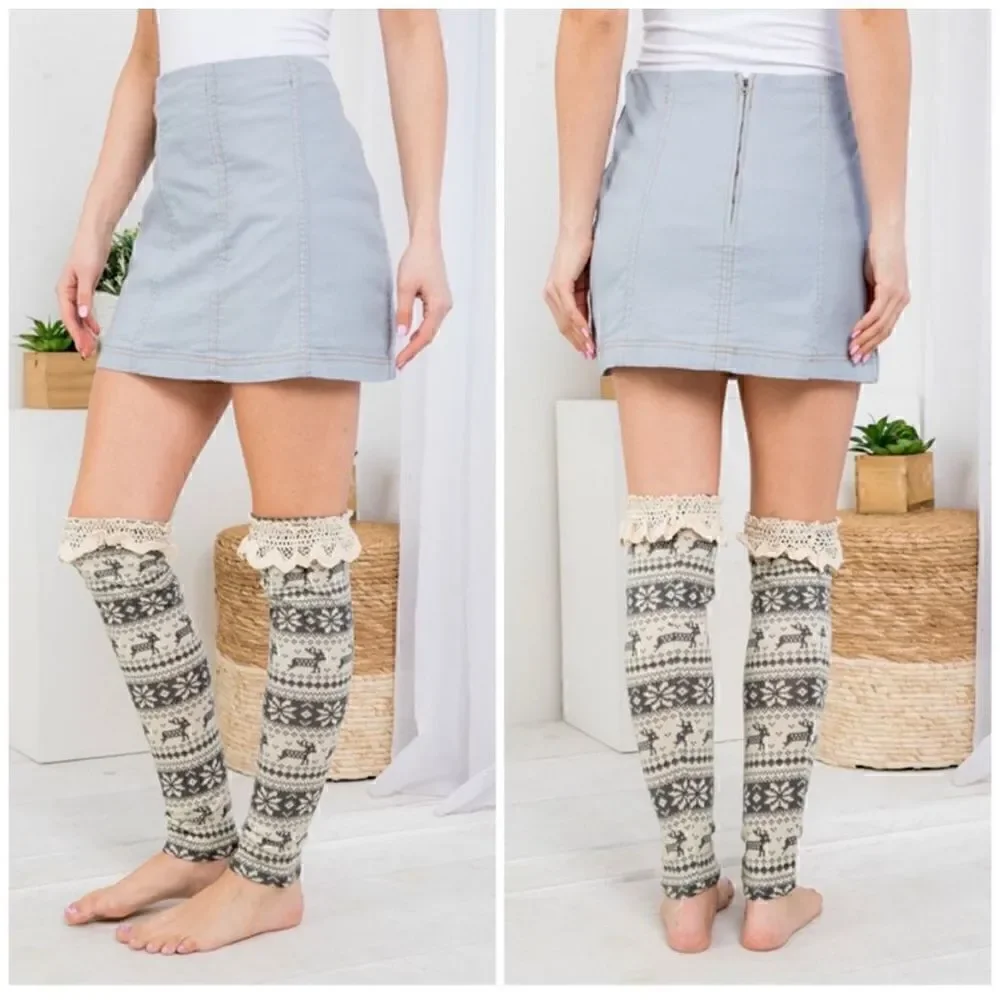 Nordic Print Leg Warmers/Boot Toppers Over the Knee Gray and Cream Color